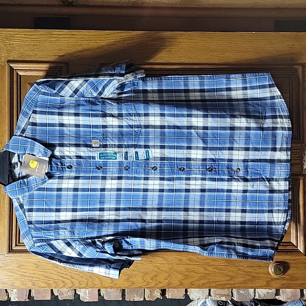 CARHARTT Blue Plaid Short Sleeve Casual Button Down Shirt Sz L Tall